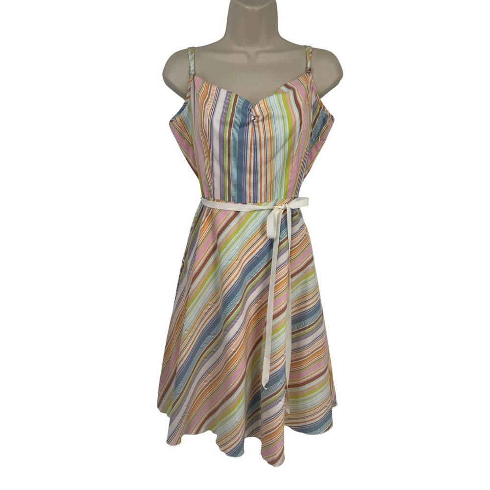 Trina Turk Striped Spaghetti Strap Sun Dress Womens 10 Cotton Tie Waist Lined - Picture 2 of 16